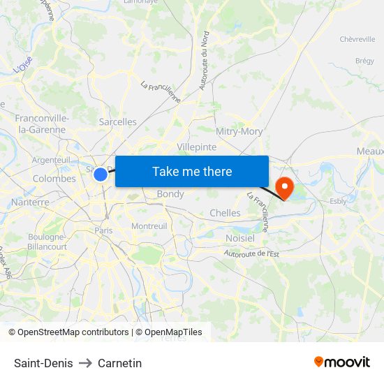Saint-Denis to Carnetin map