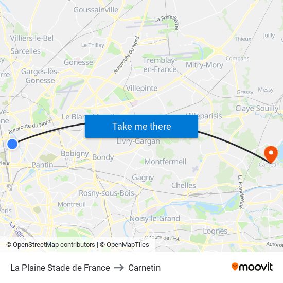 La Plaine Stade de France to Carnetin map