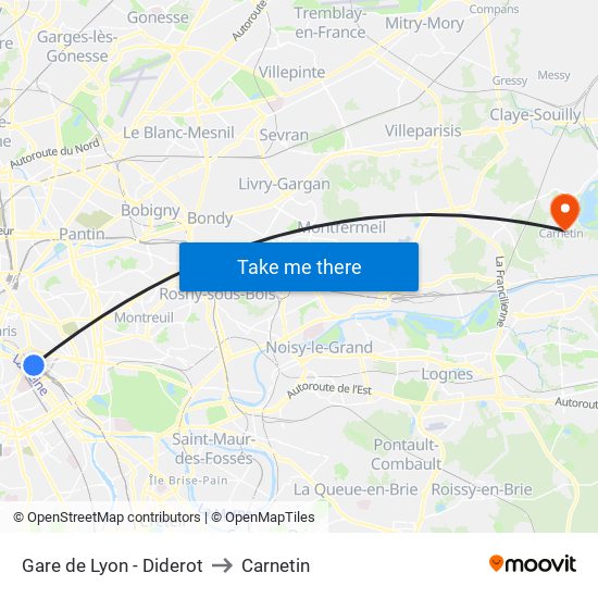 Gare de Lyon - Diderot to Carnetin map