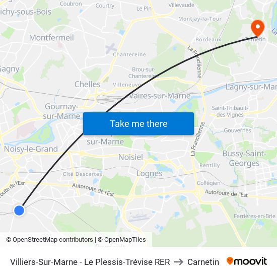 Villiers-Sur-Marne - Le Plessis-Trévise RER to Carnetin map