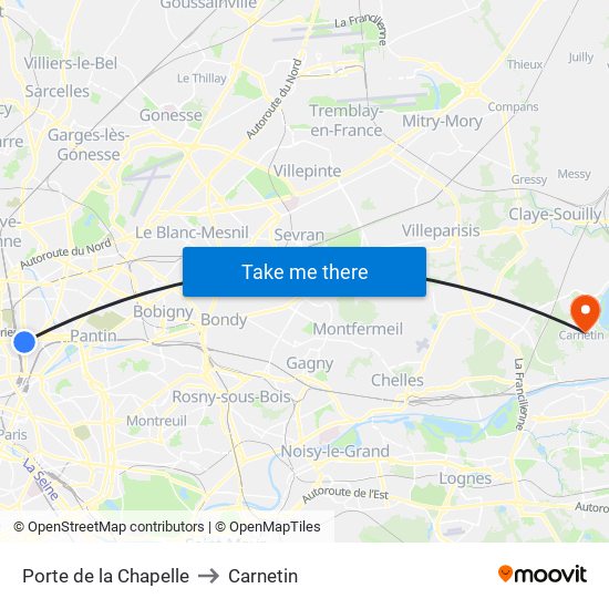 Porte de la Chapelle to Carnetin map