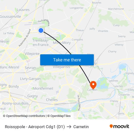 Roissypole - Aéroport Cdg1 (D1) to Carnetin map