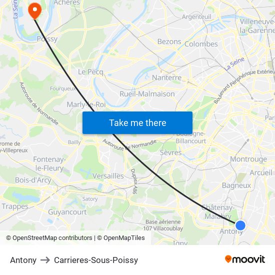 Antony to Carrieres-Sous-Poissy map