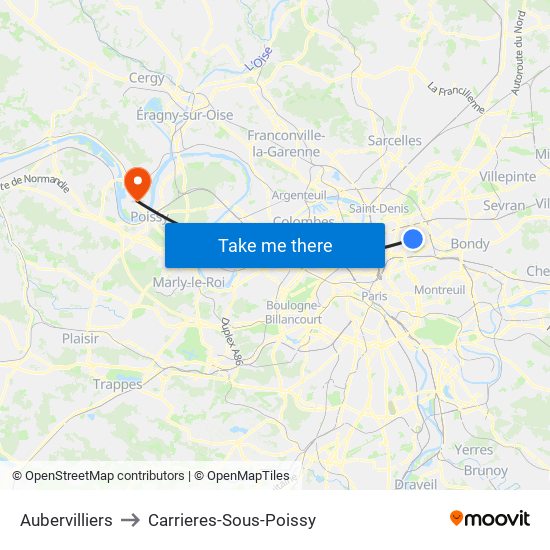 Aubervilliers to Carrieres-Sous-Poissy map