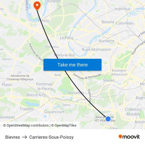 Bievres to Carrieres-Sous-Poissy map