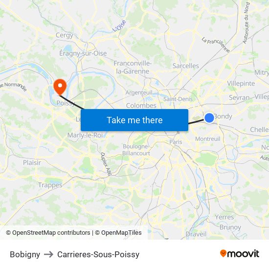 Bobigny to Carrieres-Sous-Poissy map
