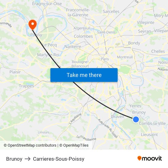 Brunoy to Carrieres-Sous-Poissy map