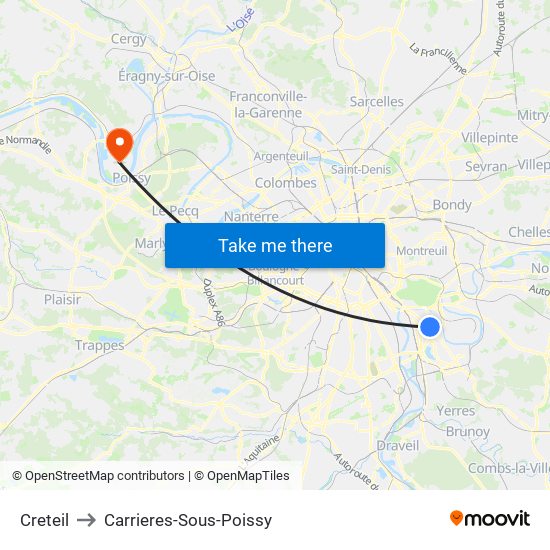 Creteil to Carrieres-Sous-Poissy map