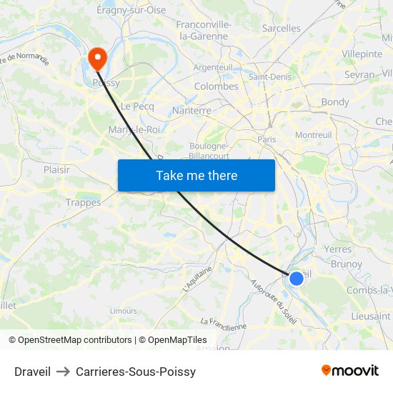 Draveil to Carrieres-Sous-Poissy map