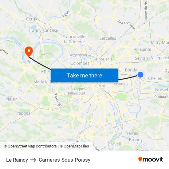 Le Raincy to Carrieres-Sous-Poissy map