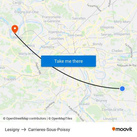 Lesigny to Carrieres-Sous-Poissy map