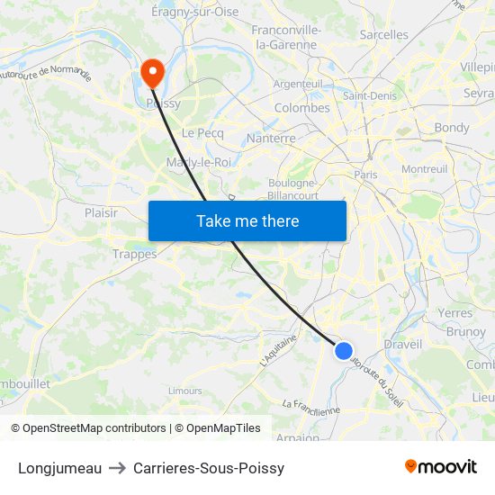 Longjumeau to Carrieres-Sous-Poissy map