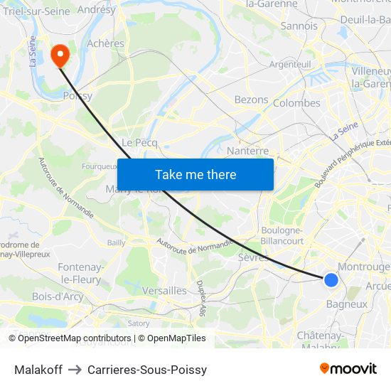 Malakoff to Carrieres-Sous-Poissy map