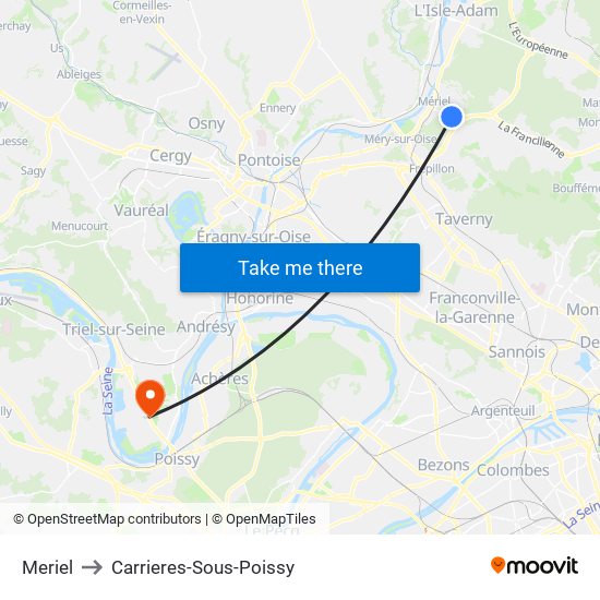 Meriel to Carrieres-Sous-Poissy map