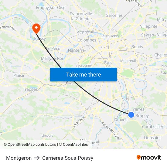 Montgeron to Carrieres-Sous-Poissy map