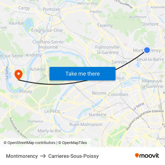 Montmorency to Carrieres-Sous-Poissy map