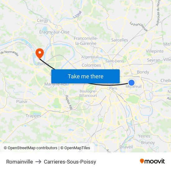Romainville to Carrieres-Sous-Poissy map