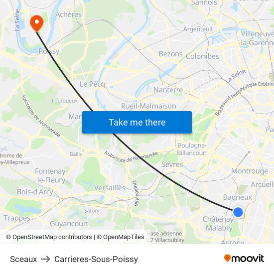 Sceaux to Carrieres-Sous-Poissy map