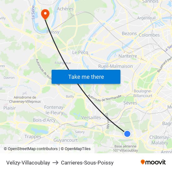 Velizy-Villacoublay to Carrieres-Sous-Poissy map