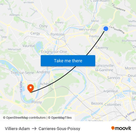 Villiers-Adam to Carrieres-Sous-Poissy map