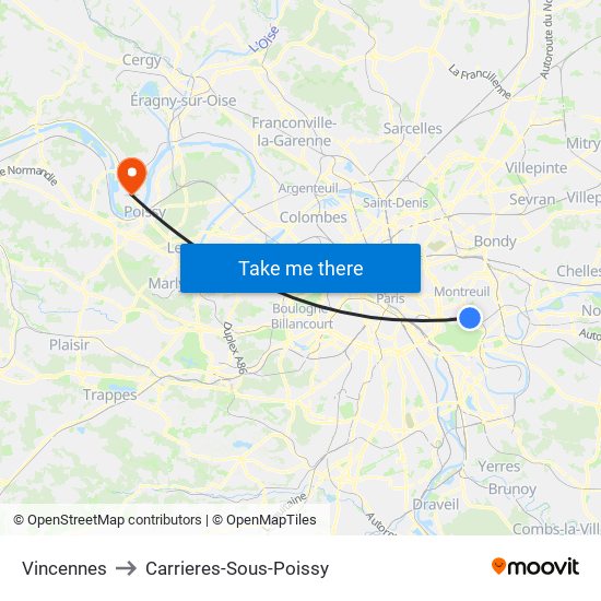 Vincennes to Carrieres-Sous-Poissy map