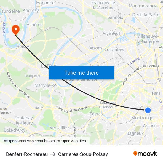 Denfert-Rochereau to Carrieres-Sous-Poissy map