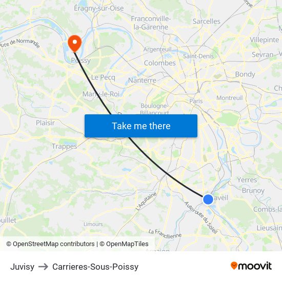 Juvisy to Carrieres-Sous-Poissy map