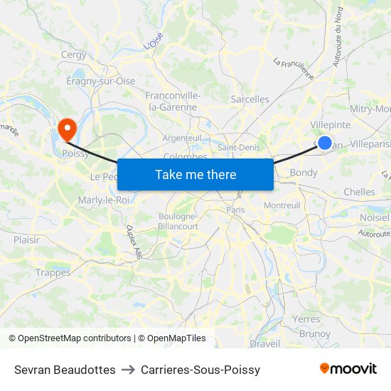 Sevran Beaudottes to Carrieres-Sous-Poissy map