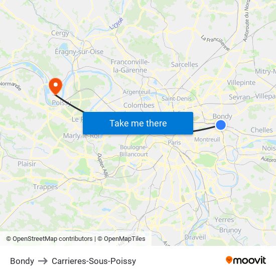 Bondy to Carrieres-Sous-Poissy map