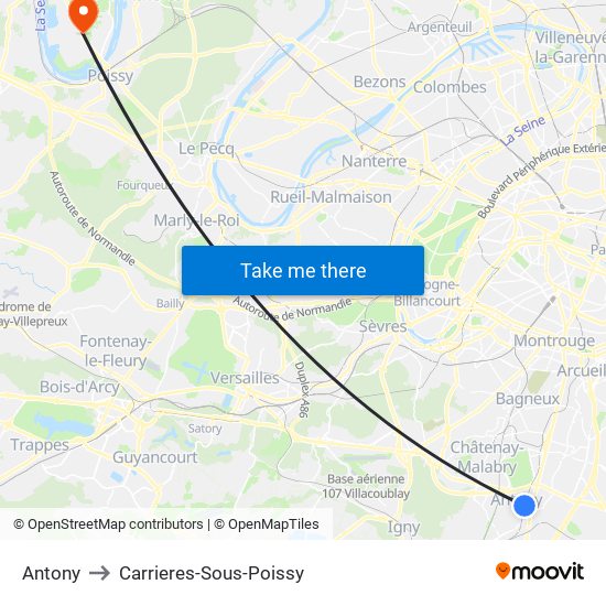Antony to Carrieres-Sous-Poissy map