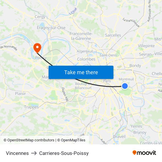 Vincennes to Carrieres-Sous-Poissy map