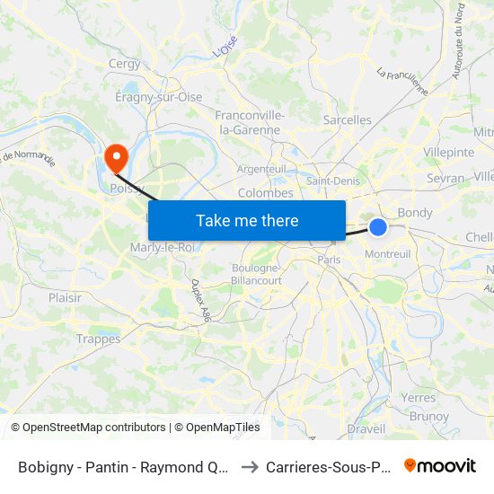 Bobigny - Pantin - Raymond Queneau to Carrieres-Sous-Poissy map