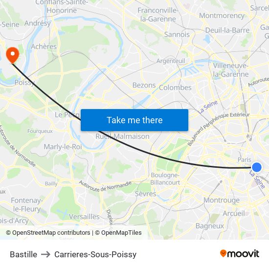 Bastille to Carrieres-Sous-Poissy map