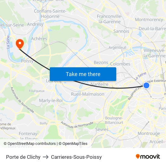 Porte de Clichy to Carrieres-Sous-Poissy map