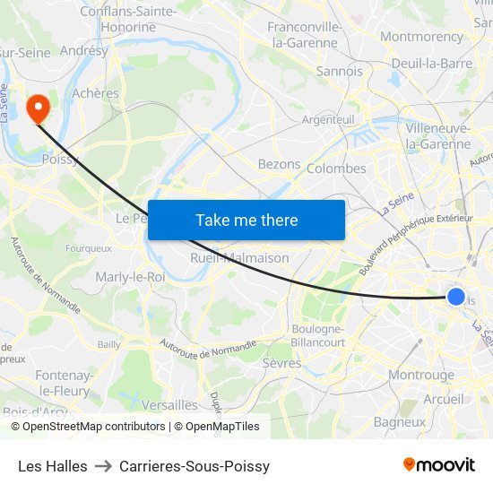 Les Halles to Carrieres-Sous-Poissy map