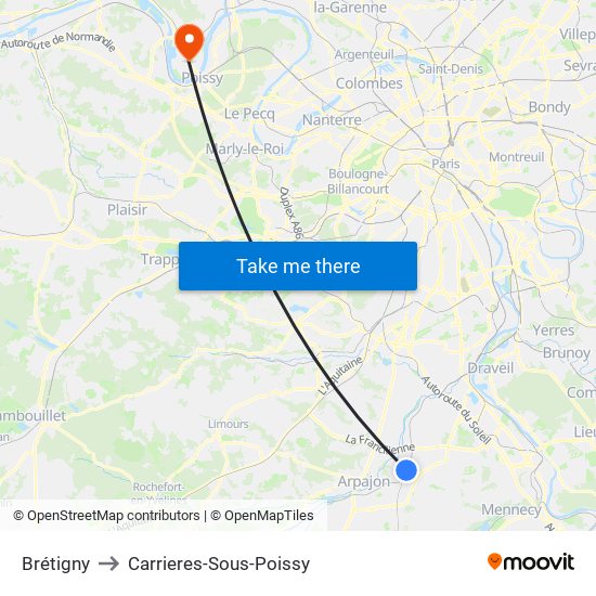 Brétigny to Carrieres-Sous-Poissy map