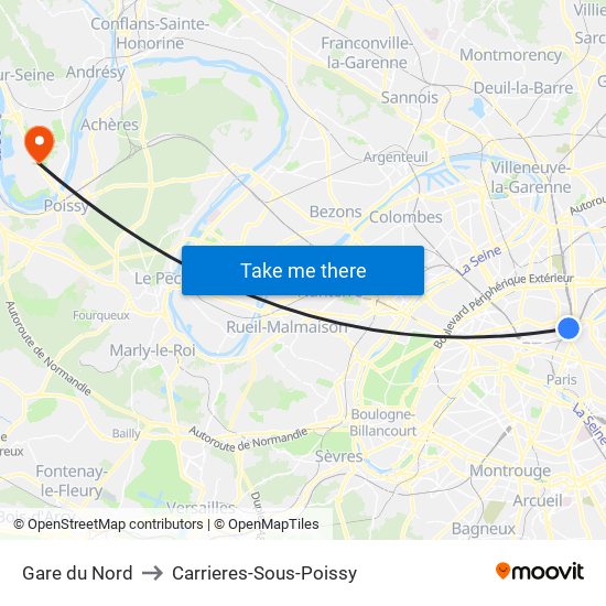 Gare du Nord to Carrieres-Sous-Poissy map