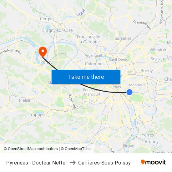 Pyrénées - Docteur Netter to Carrieres-Sous-Poissy map