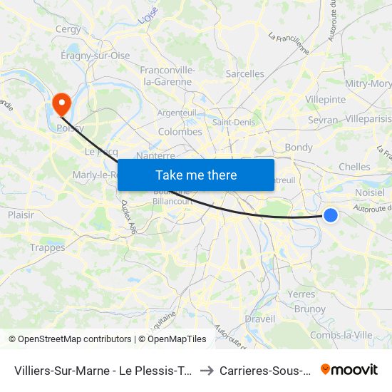 Villiers-Sur-Marne - Le Plessis-Trévise RER to Carrieres-Sous-Poissy map