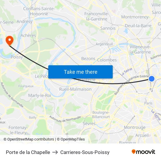 Porte de la Chapelle to Carrieres-Sous-Poissy map