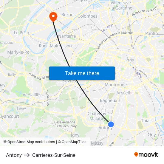 Antony to Carrieres-Sur-Seine map