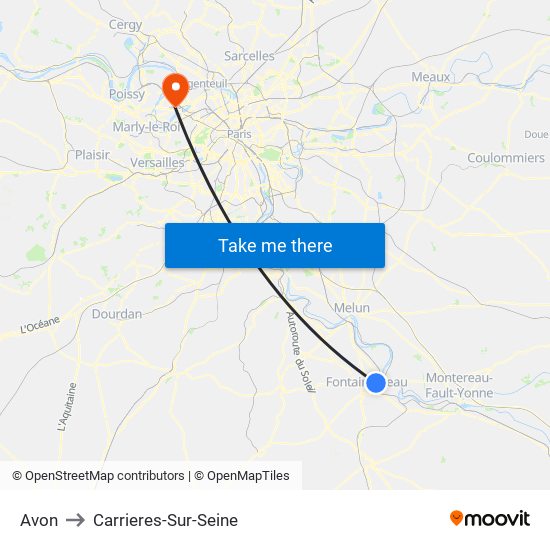 Avon to Carrieres-Sur-Seine map