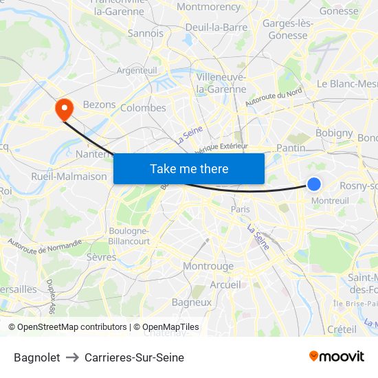 Bagnolet to Carrieres-Sur-Seine map