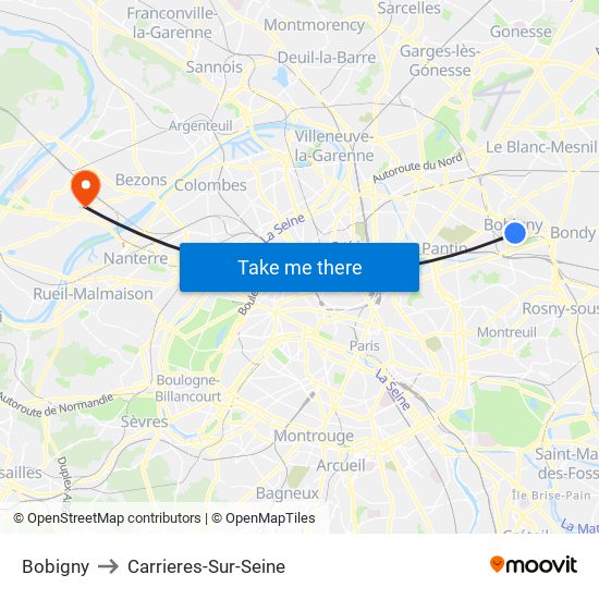 Bobigny to Carrieres-Sur-Seine map