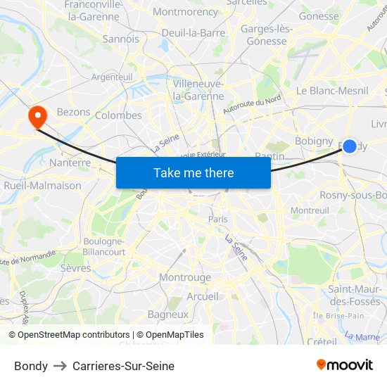 Bondy to Carrieres-Sur-Seine map