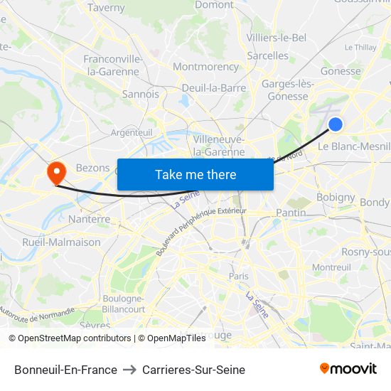 Bonneuil-En-France to Carrieres-Sur-Seine map