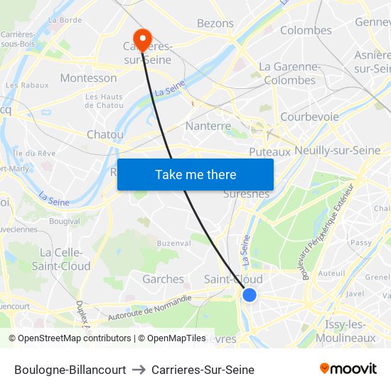 Boulogne-Billancourt to Carrieres-Sur-Seine map