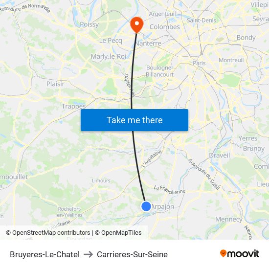 Bruyeres-Le-Chatel to Carrieres-Sur-Seine map