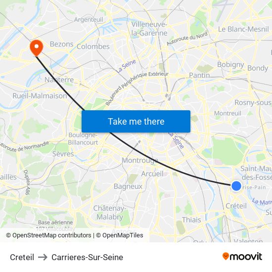 Creteil to Carrieres-Sur-Seine map