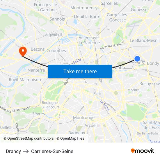 Drancy to Carrieres-Sur-Seine map